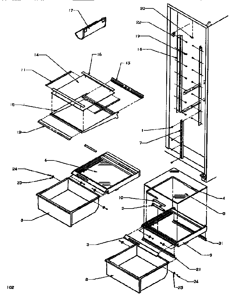 Shelving & Drawers Diagram and Parts List for SXD520NW-P1181101WW  Amana Refrigerator