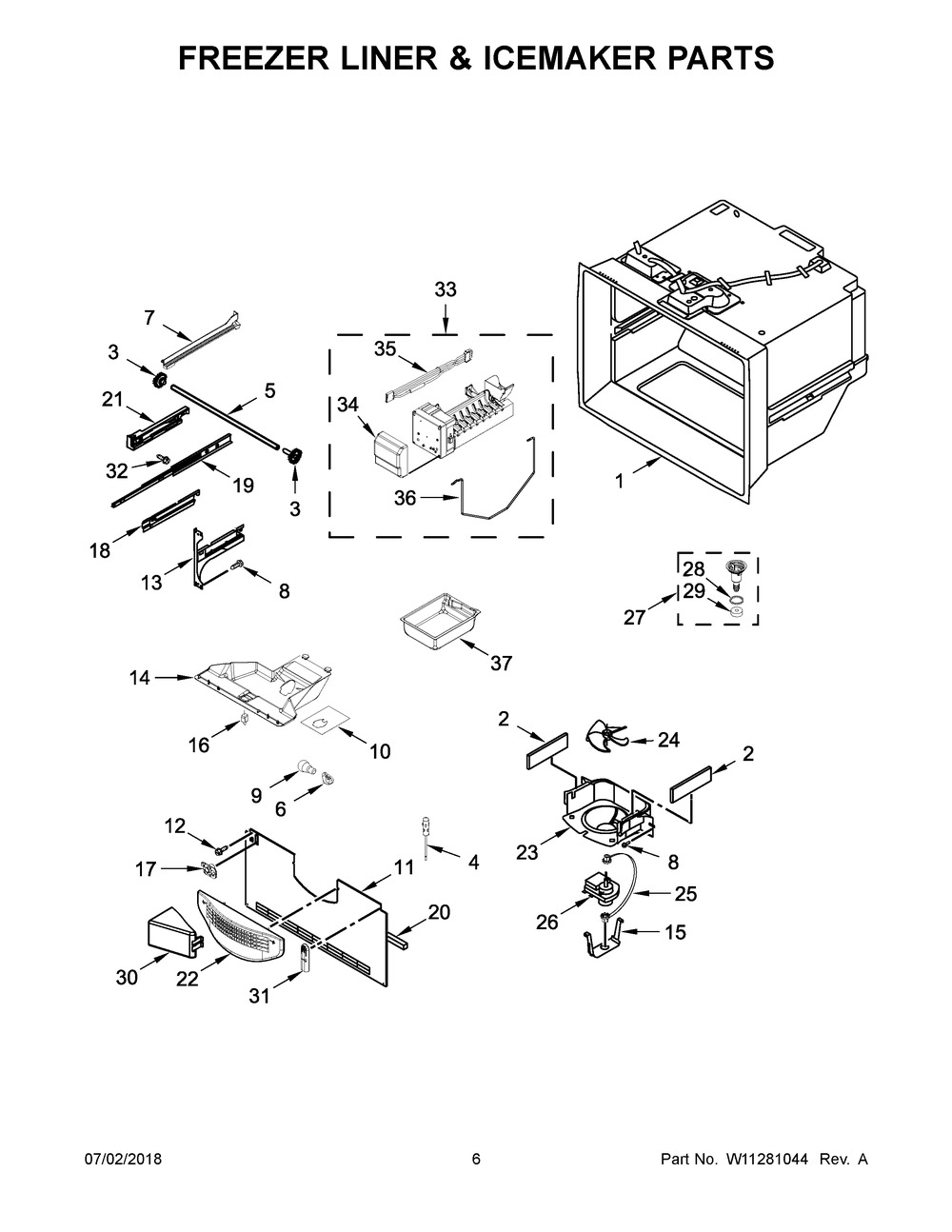 Freezer Liner & Icemaker Parts Diagram and Parts List for MBF1958FEZ02  Maytag Refrigerator