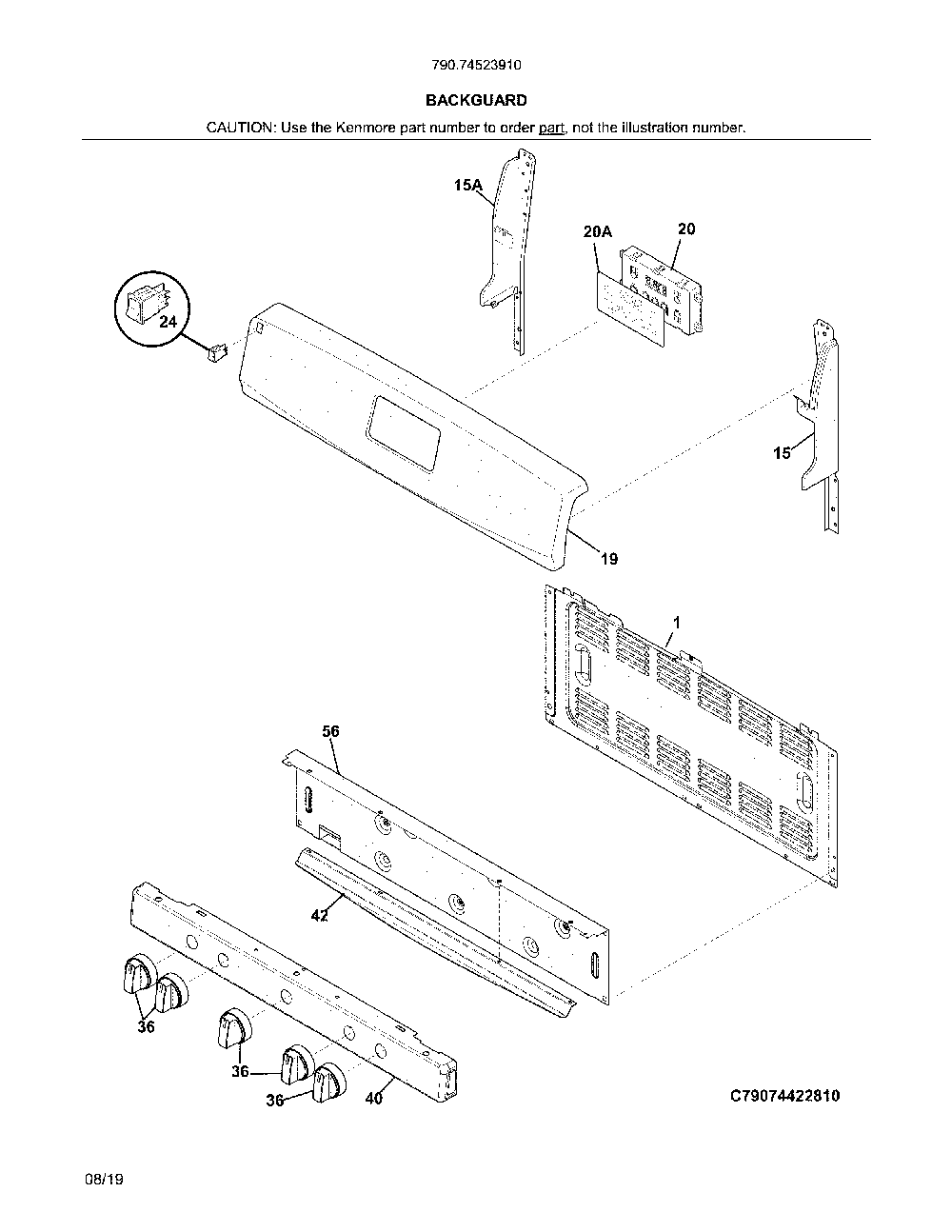Backguard Diagram and Parts List for 79074523910  Kenmore Range