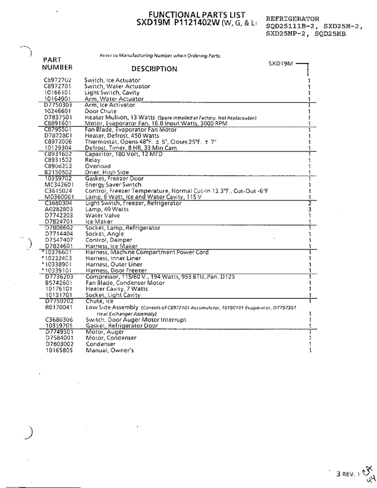 Complete Refrigerator Assembly Diagram and Parts List for SXD25MP-2  Amana Refrigerator