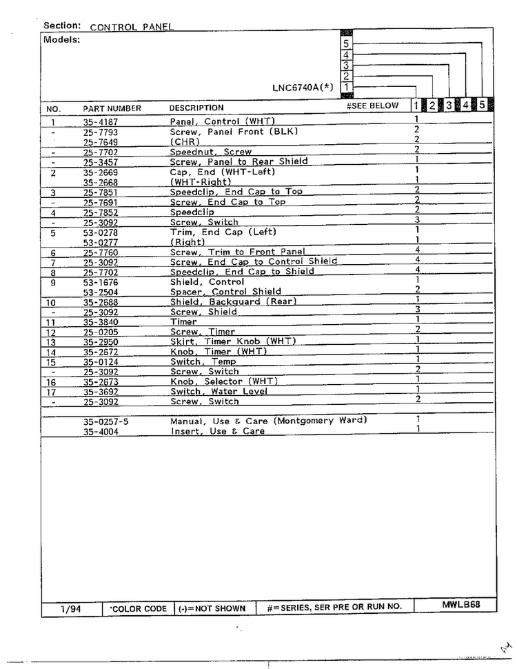Control Panel Page 2 Diagram and Parts List for 6740A  Norge Washer