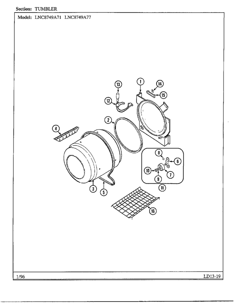 Tumbler Diagram and Parts List for 8749A71  Norge Dryer