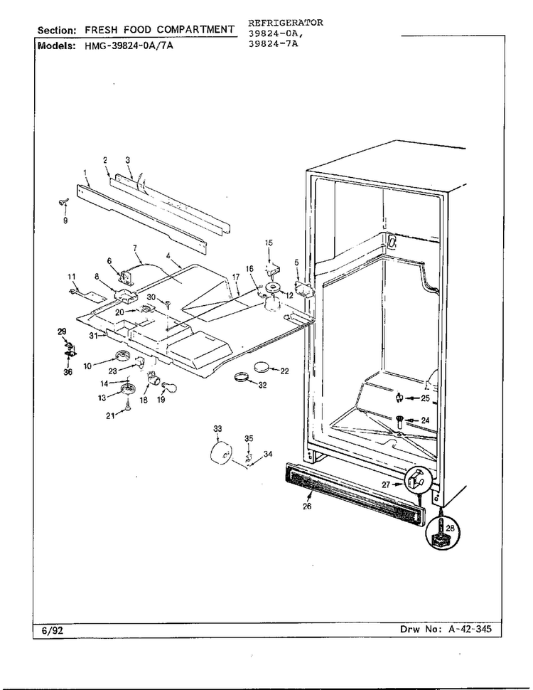 Fresh Food Compartment Diagram and Parts List for 39824-7A  Admiral Refrigerator