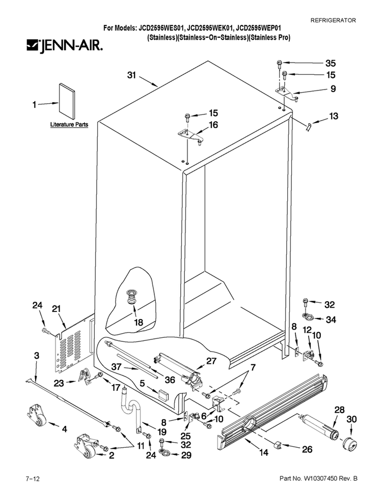 Cabinet Parts Diagram and Parts List for JCD2595WES01  Jenn-Air Refrigerator