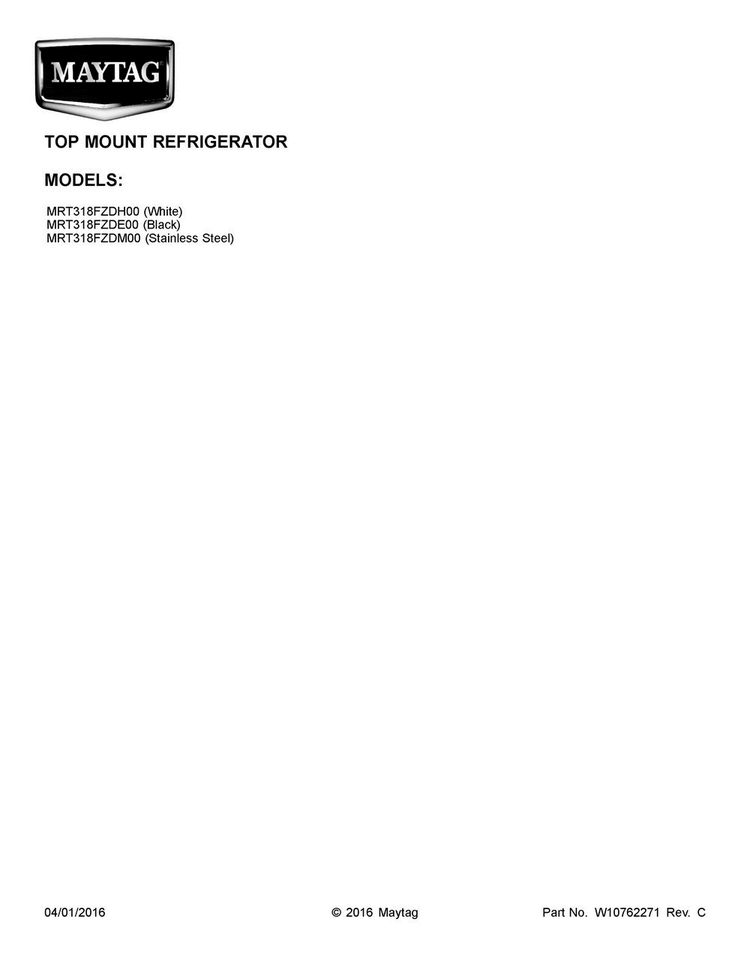 Cover Sheet Diagram and Parts List for MRT318FZDM00  Maytag Refrigerator