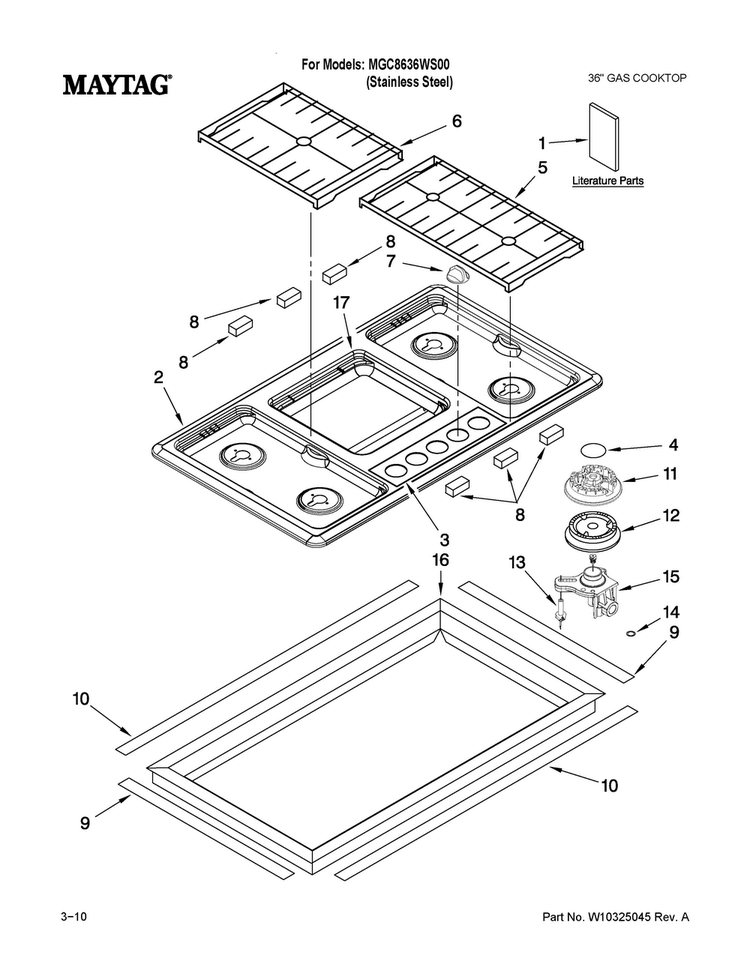 Cooktop, Burner And Grate Parts Diagram and Parts List for MGC8636WS00  Maytag Cooktop