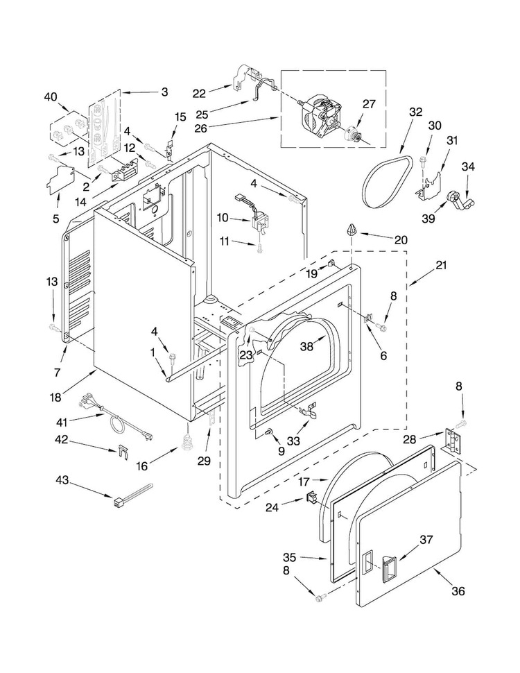 Cabinet Parts Diagram and Parts List for YAED4475TQ1  Admiral Dryer