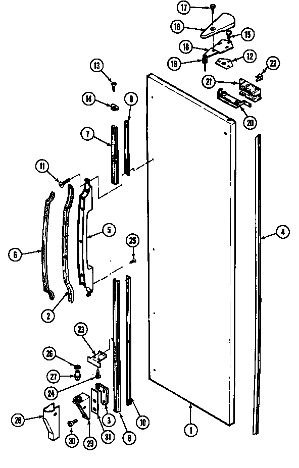 Fresh Food Outer Door Diagram and Parts List for RSW2200CAL DM31B Maytag Refrigerator
