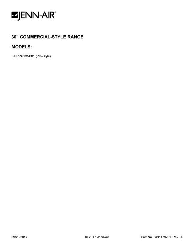 01 - Cover Sheet Diagram and Parts List for JLRP430WP01  Jenn-Air Range