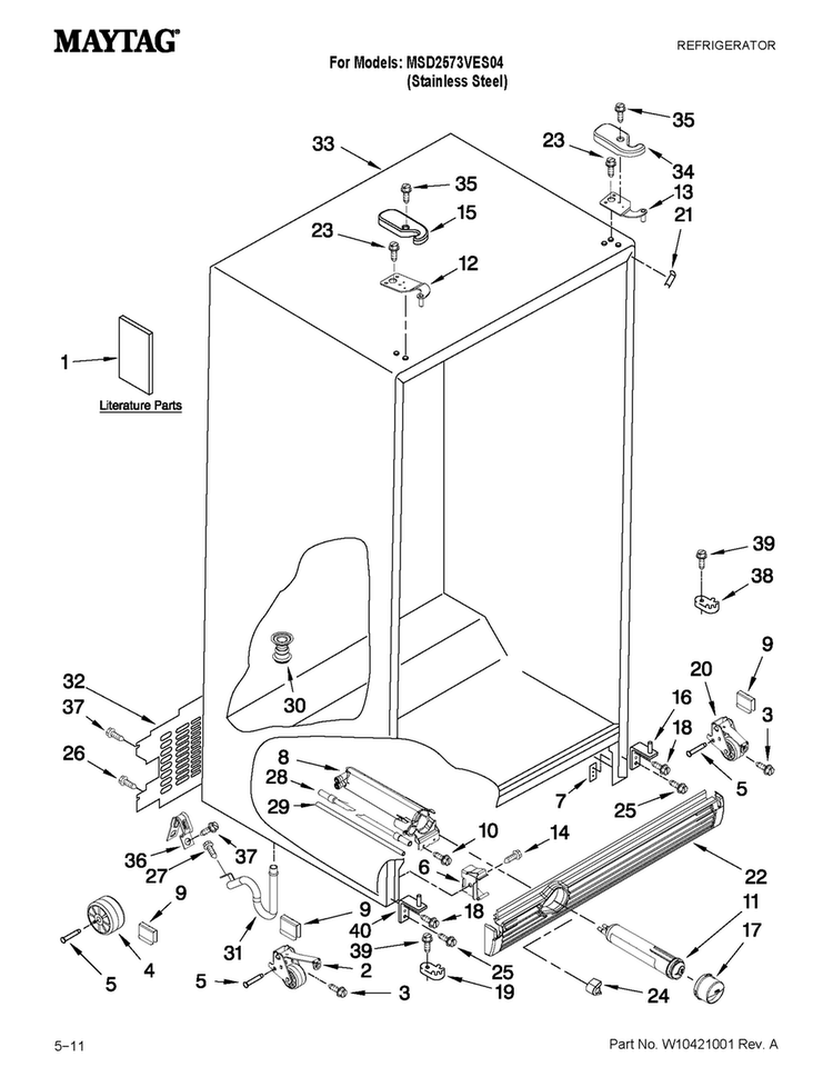 Cabinet Parts Diagram and Parts List for MSD2573VES04  Maytag Refrigerator