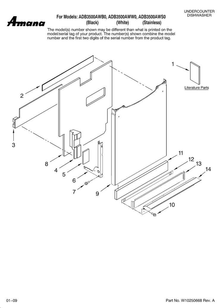 Door And Panel Parts Diagram and Parts List for ADB3500AWS0  Amana Dishwasher