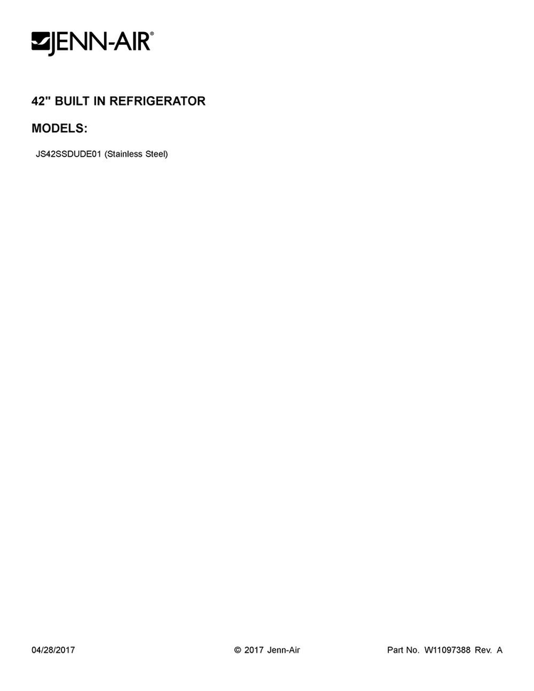 Cover Sheet Diagram and Parts List for JS42SSDUDE01  Jenn-Air Refrigerator