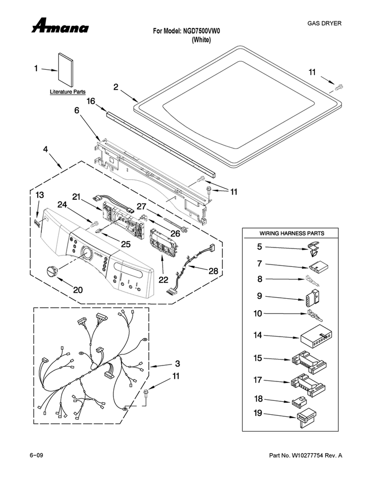Top And Console Parts Diagram and Parts List for NGD7500VW0  Amana Dryer