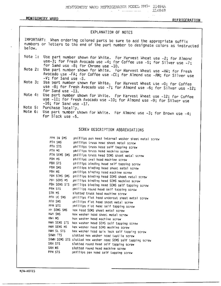 Explanation Of Notes Diagram and Parts List for 21484B  Admiral Refrigerator