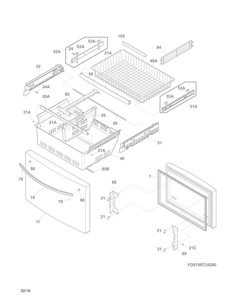 Freezer Drawer, Baskets Diagram and Parts List for CFD28WIQB6  Crosley Refrigerator
