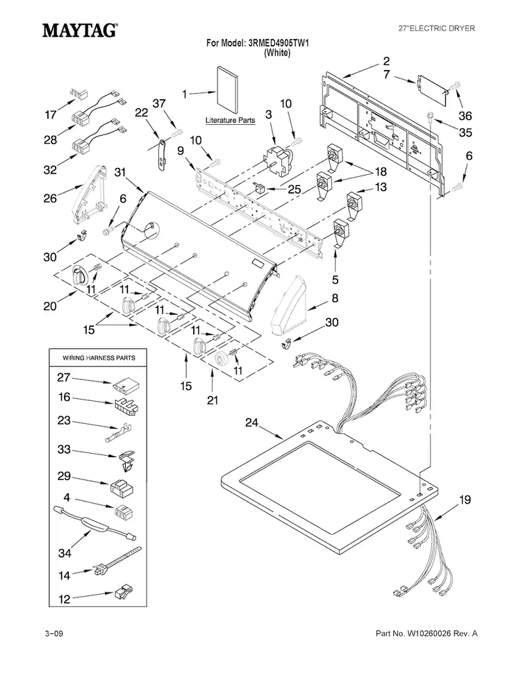 Top And Console Parts Diagram and Parts List for 3RMED4905TW1  Maytag Dryer