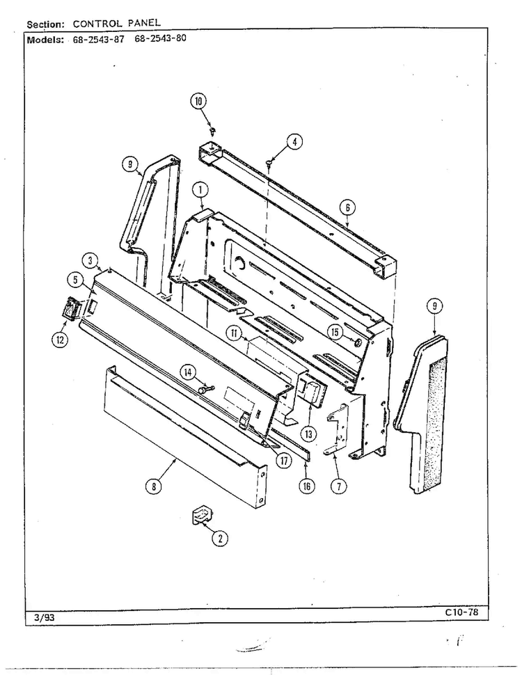 Control Panel Diagram and Parts List for 2543  Magic Chef Range