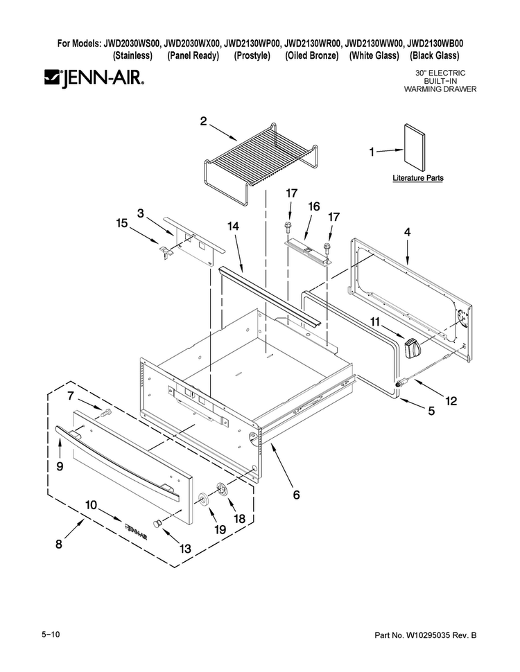 Control, Door And Drawer Parts Diagram and Parts List for JWD2130WP00  Jenn-Air Warming Drawer