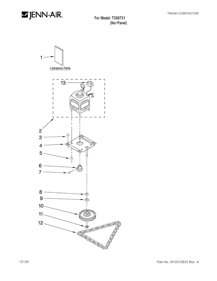 Motor And Drive Parts Diagram and Parts List for TC607X1  Jenn-Air Trash Compactor