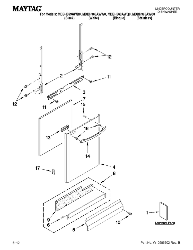 Door And Panel Parts Diagram and Parts List for MDBH969AWB0  Maytag Dishwasher