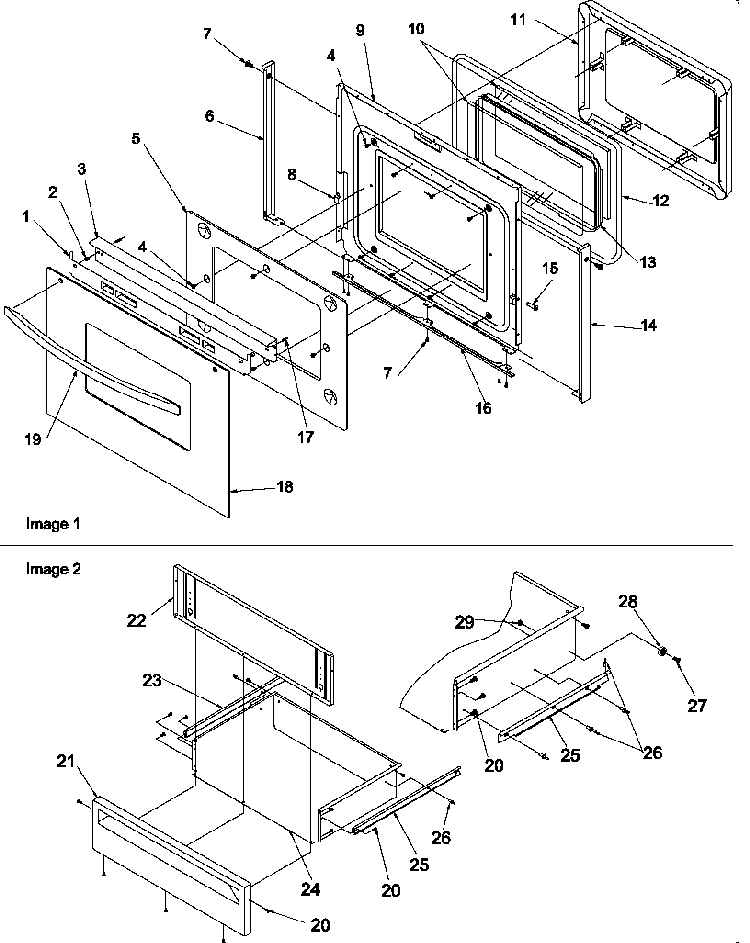 Oven Door And Storage Drawer Diagram and Parts List for ZRRS6550E P1130652NE Amana Range