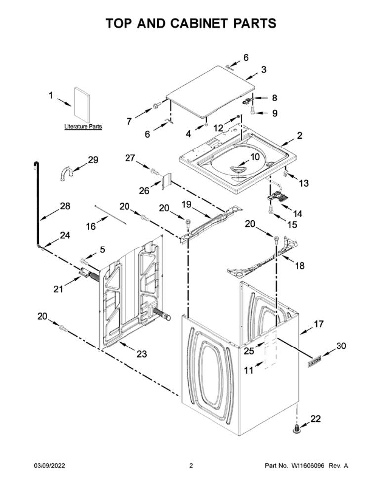 Top And Cabinet Parts Diagram and Parts List for MVWC565FW3  Maytag Washer