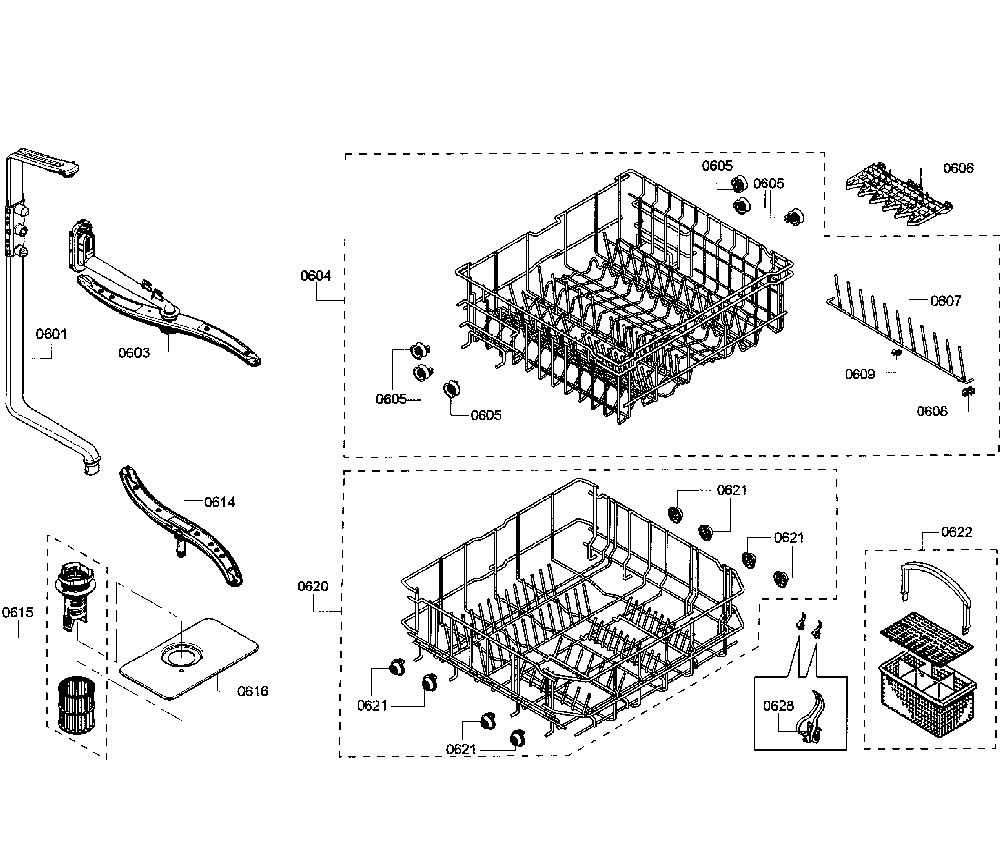 Baskets Diagram and Parts List for 63013902013  Kenmore Dishwasher