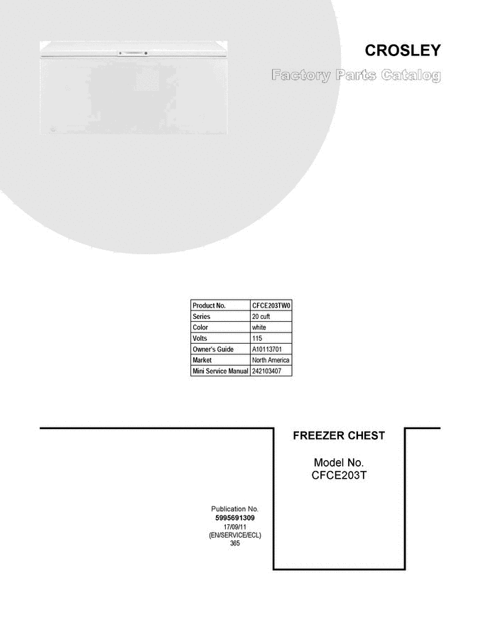 01 - Cover Sheet Diagram and Parts List for CFCE203TW0  Crosley Freezer