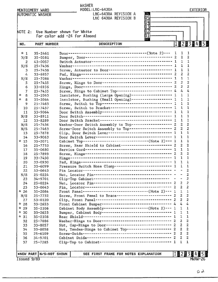 Exterior Page 2 Diagram and Parts List for 6430 LOT A REV B Norge Washer