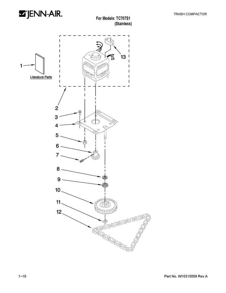 Motor And Drive Parts Diagram and Parts List for TC707S1  Jenn-Air Trash Compactor
