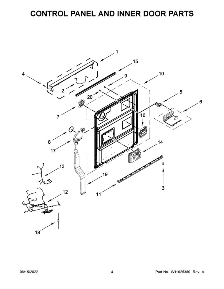 Control Panel And Inner Door Parts Diagram and Parts List for JDPSS246LL1  Maytag Dishwasher