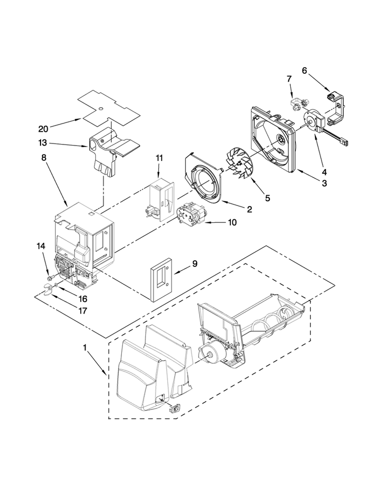 Motor And Ice Container Parts Diagram and Parts List for JFI2089WTS1  Jenn-Air Refrigerator