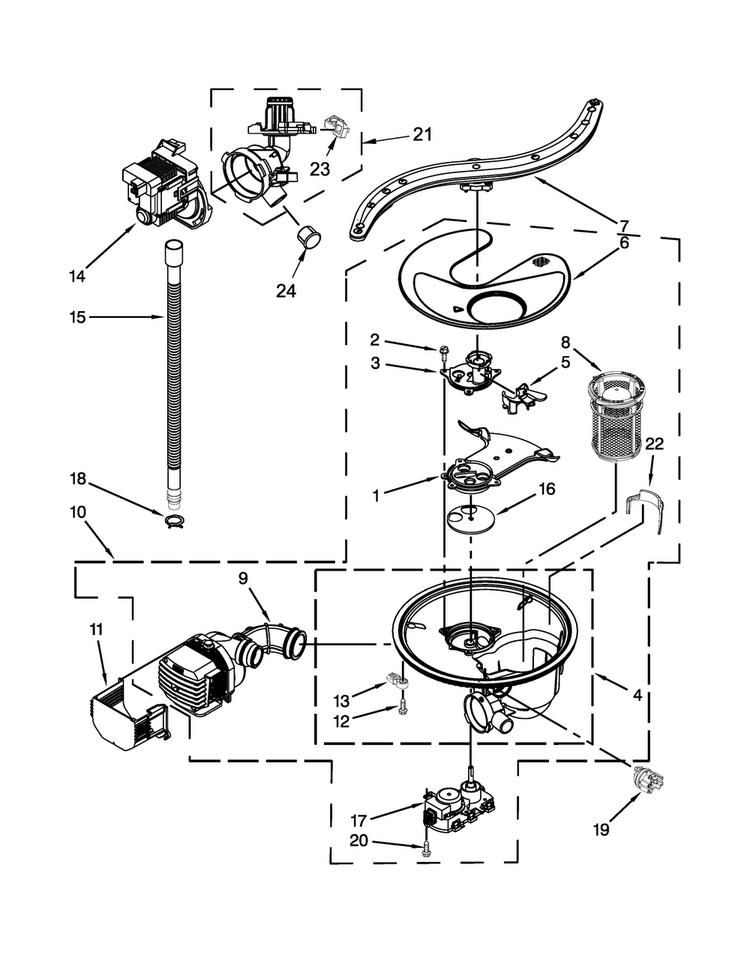 Pump, Washarm And Motor Parts Diagram and Parts List for JDB3650AWF3  Jenn-Air Dishwasher