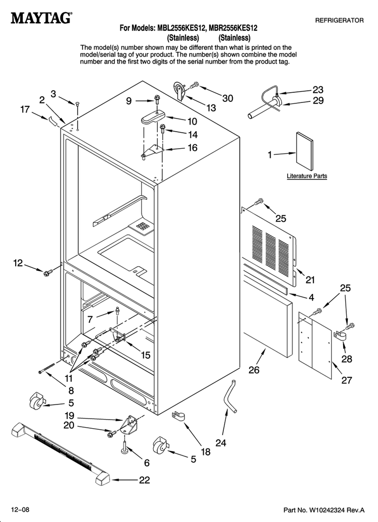 Cabinet Parts Diagram and Parts List for MBL2556KES12  Maytag Refrigerator