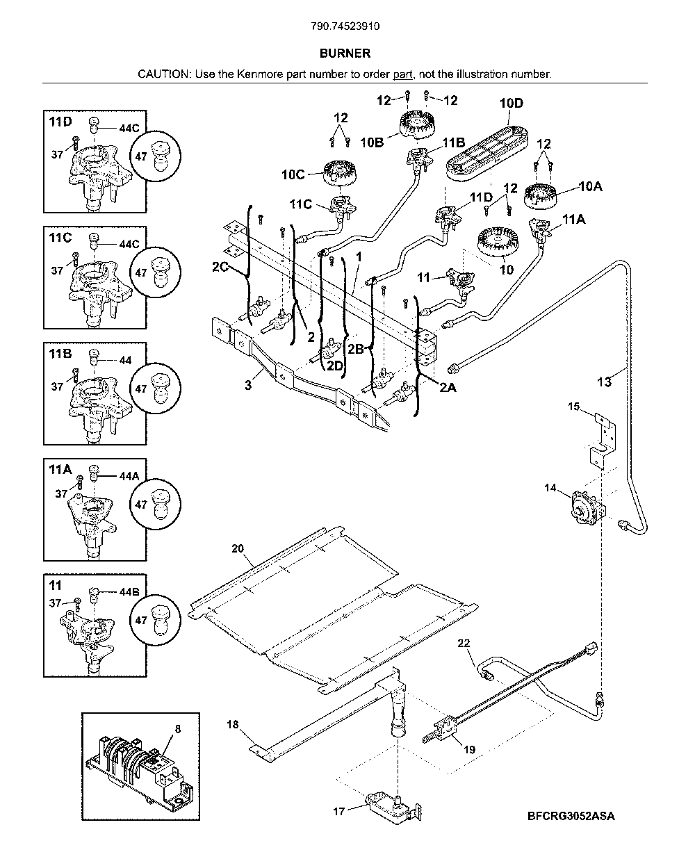 Burner Diagram and Parts List for 79074523910  Kenmore Range