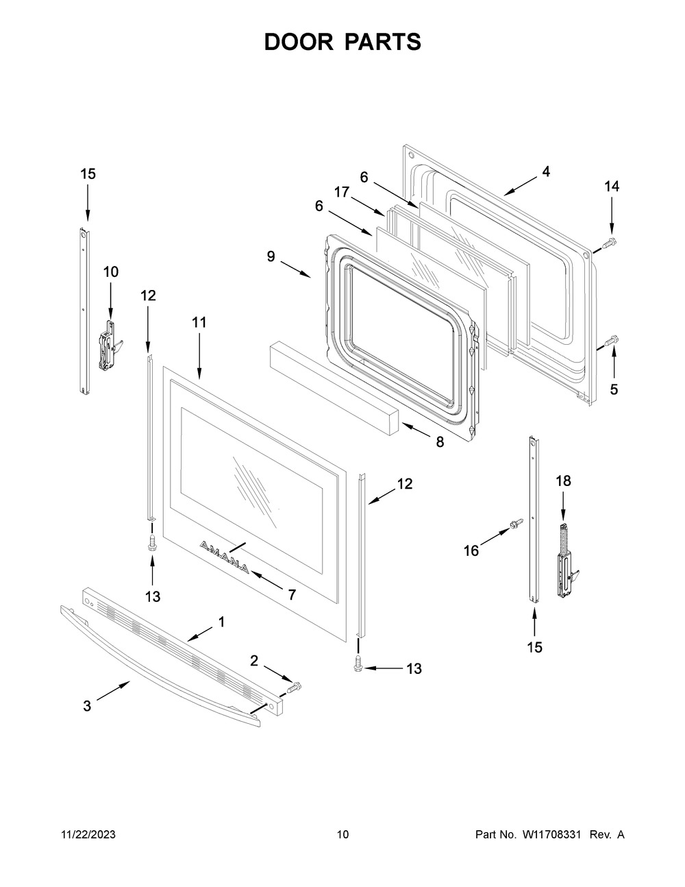 Door Parts Diagram and Parts List for AGR6603SMS1  Amana Range
