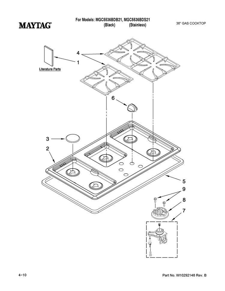 Cooktop, Burner And Grate Parts Diagram and Parts List for MGC5536BDS21  Maytag Cooktop