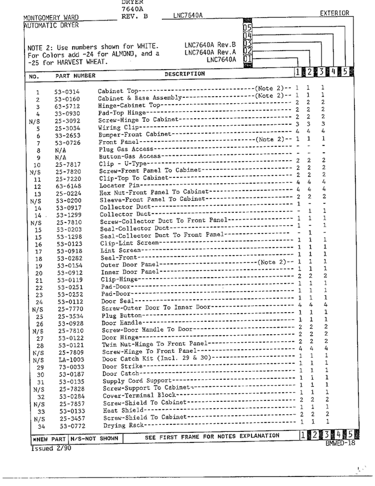 Complete Dryer Assembly Page 2 Diagram and Parts List for 7640A REV B Norge Dryer