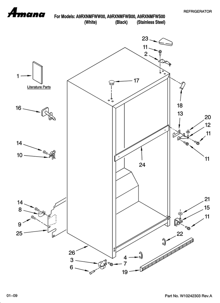 Cabinet Parts Diagram and Parts List for A9RXNMFWS00  Amana Refrigerator