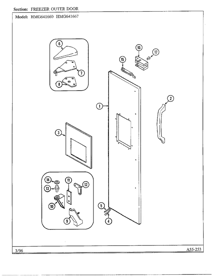 Freezer Outer Door Diagram and Parts List for HMG-641670  Admiral Refrigerator