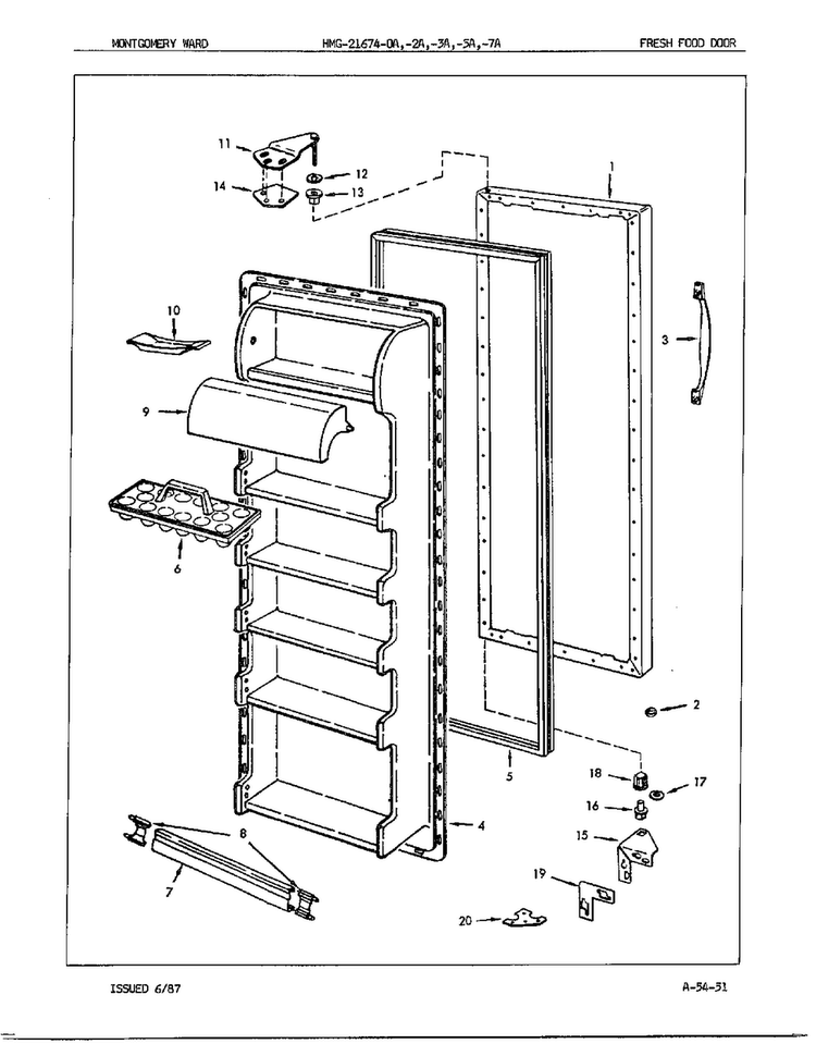Fresh Food Door Diagram and Parts List for 21674A  Admiral Refrigerator