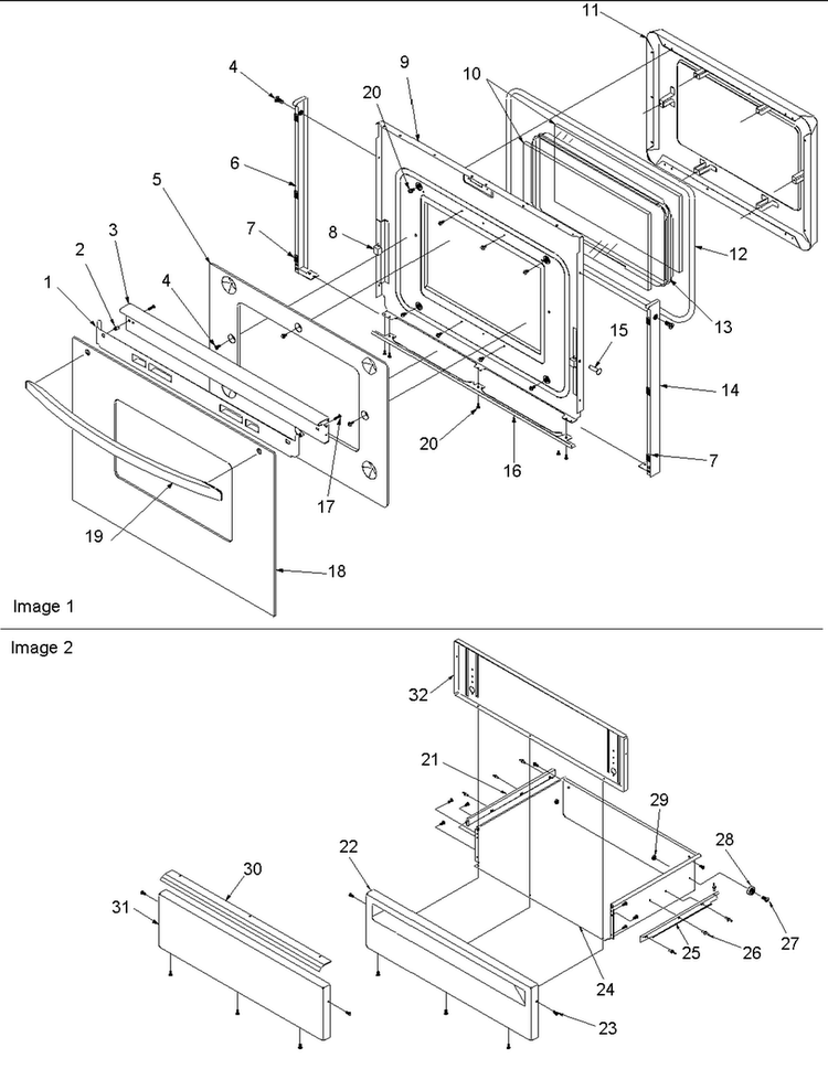 Oven Door & Storage Drawer Diagram and Parts List for ACS3350AB0  Amana Range