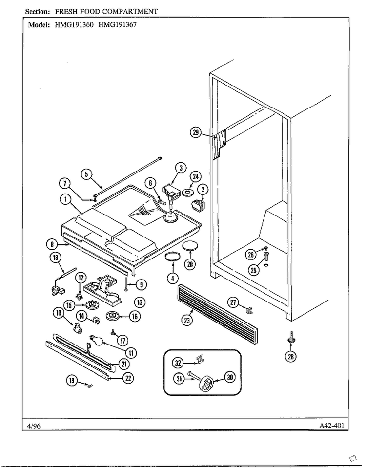 Fresh Food Compartment Diagram and Parts List for HMG-191367  Admiral Refrigerator