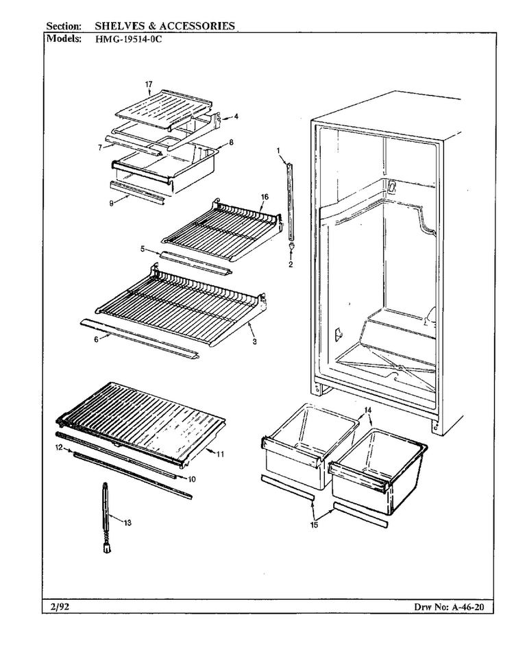 Shelves And Accessories Diagram and Parts List for 19514-0A  Admiral Refrigerator