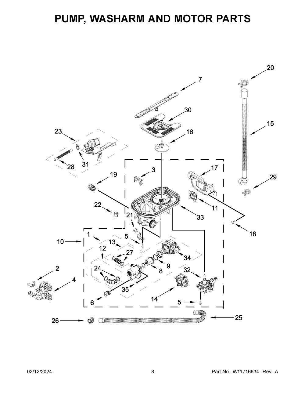Pump, Washarm And Motor Parts Diagram and Parts List for MDPS6124RZ0  Maytag Dishwasher