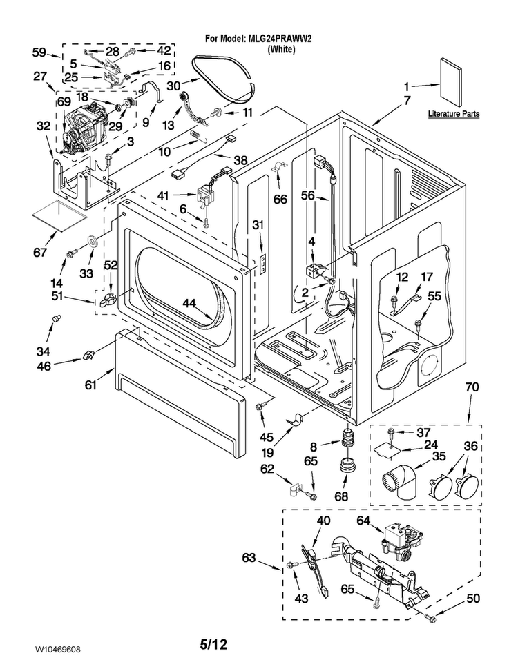 Lower Cabinet And Front Panel Parts Diagram and Parts List for MLG24PRAWW2  Maytag Dryer