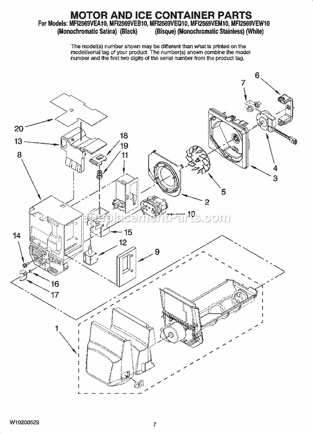 Motor And Ice Container Parts Diagram and Parts List for MFI2569VEB10  Maytag Refrigerator