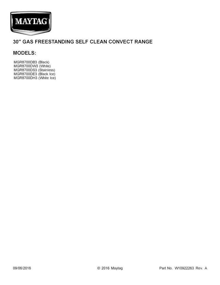 Cover Sheet Diagram and Parts List for MGR8700DB3  Maytag Range