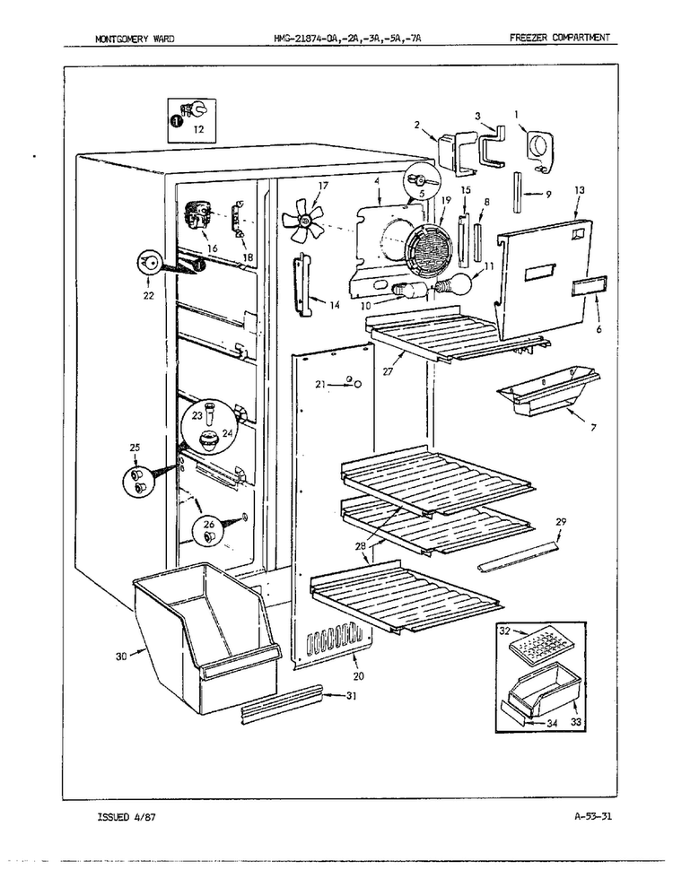 Freezer Compartment Diagram and Parts List for 21874A  Admiral Refrigerator