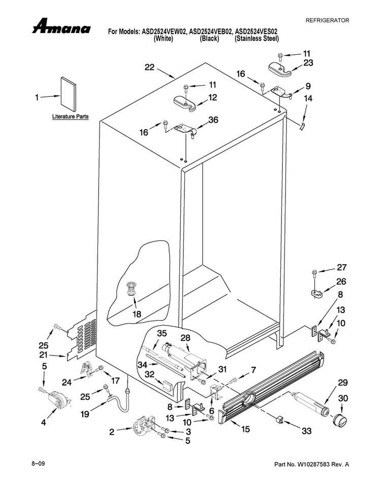 Cabinet Parts Diagram and Parts List for ASD2524VEW02  Amana Refrigerator